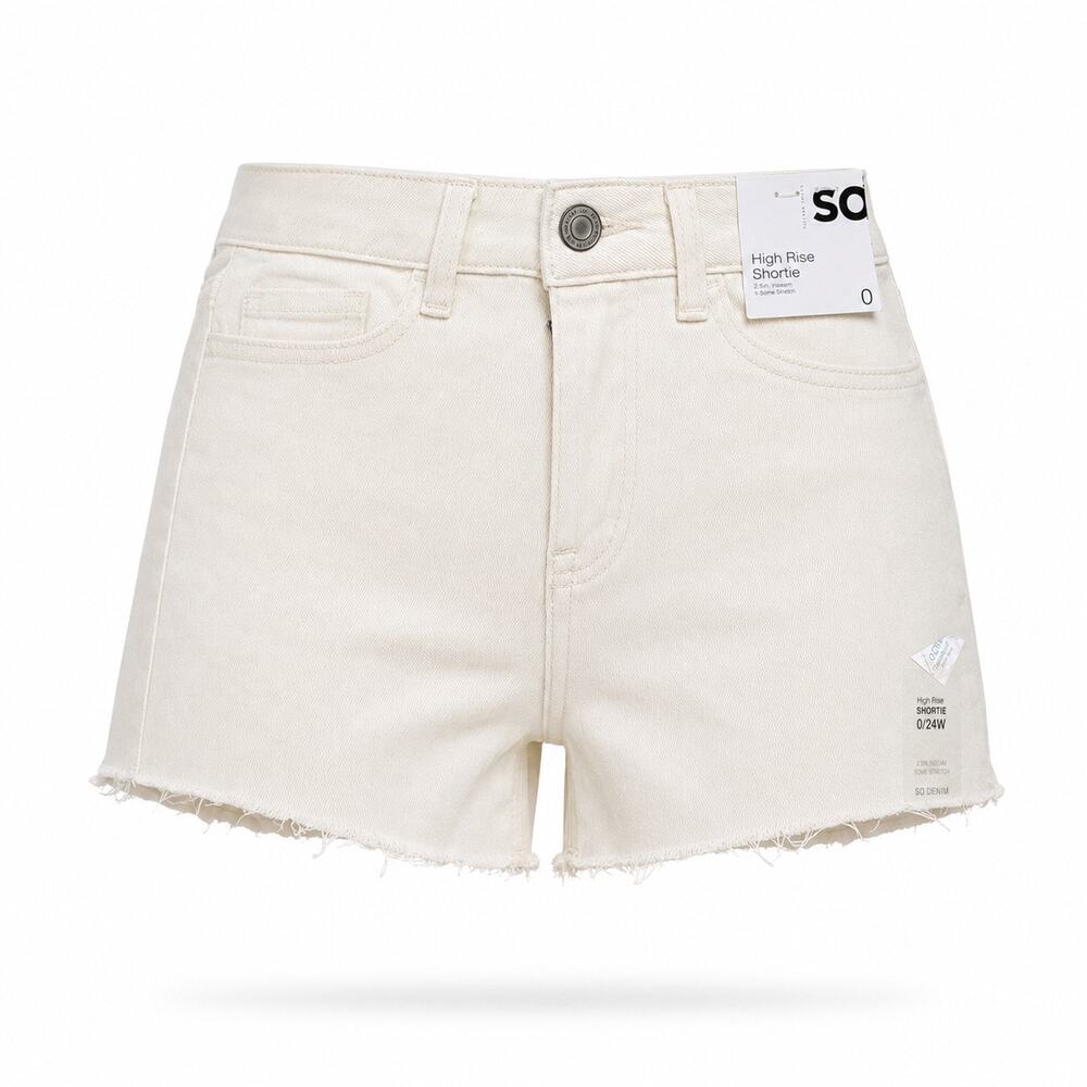 SO High Rise Shortie Denim Shorts Juniors 0 24W Ivory Raw Hem Stretch NWT